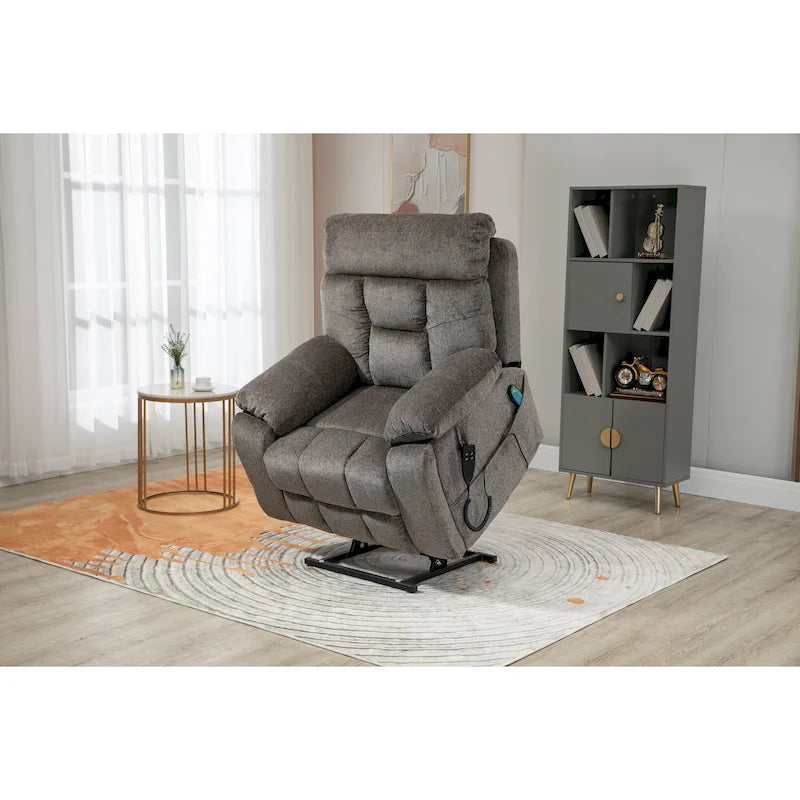 Fauteuil inclinable releveur gris chenille, massage, porte-gobelet escamotable