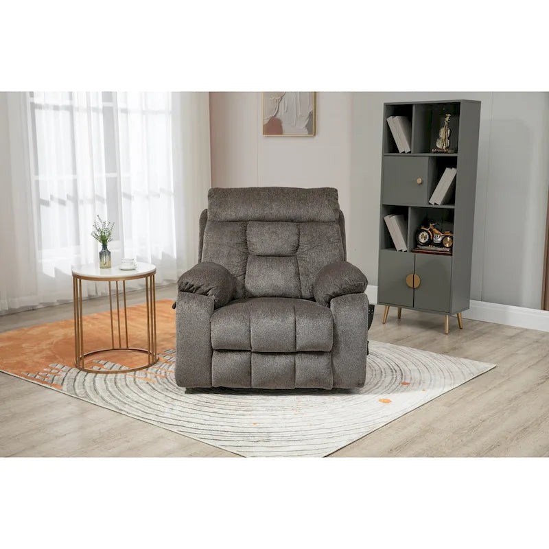 Fauteuil inclinable releveur gris chenille, massage, porte-gobelet escamotable