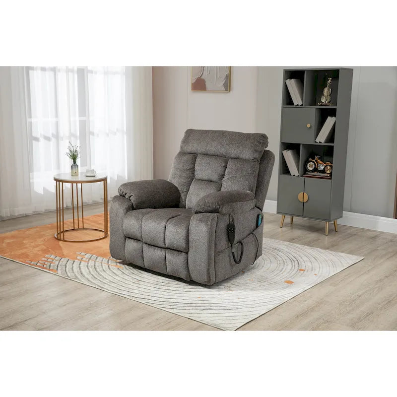 Fauteuil inclinable releveur gris chenille, massage, porte-gobelet escamotable