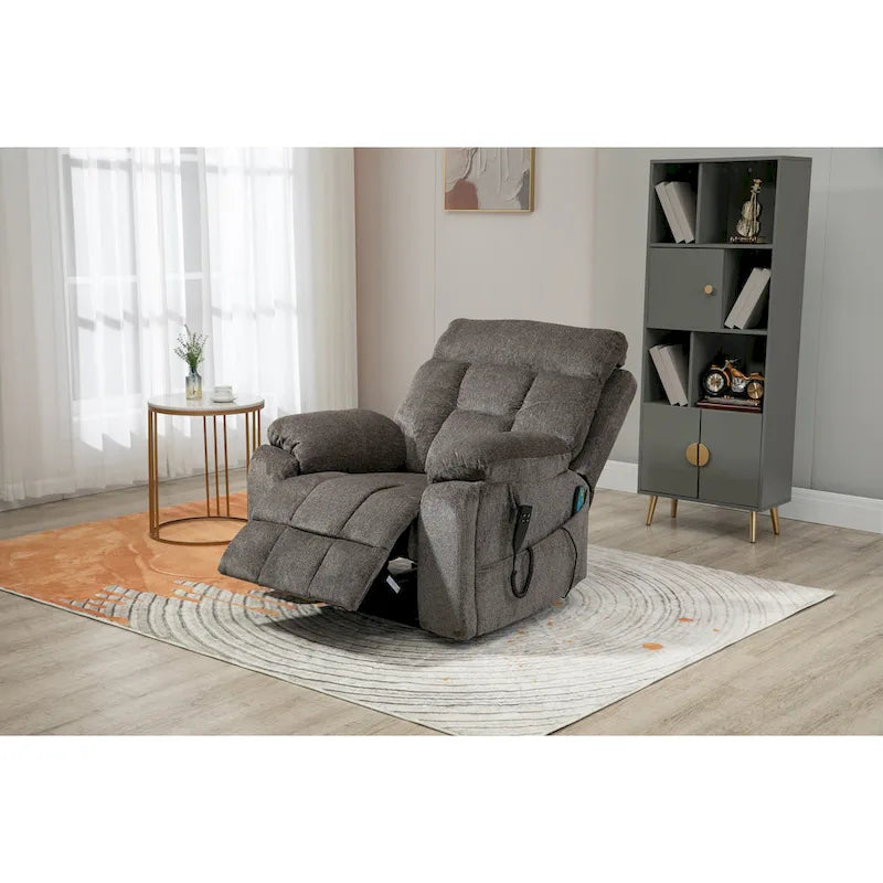 Fauteuil inclinable releveur gris chenille, massage, porte-gobelet escamotable