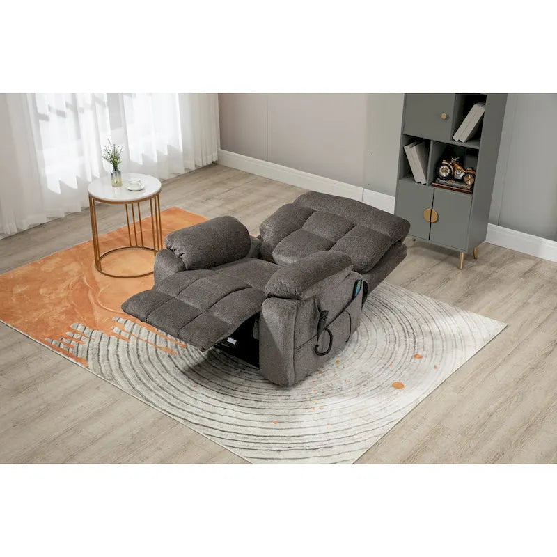 Fauteuil inclinable releveur gris chenille, massage, porte-gobelet escamotable