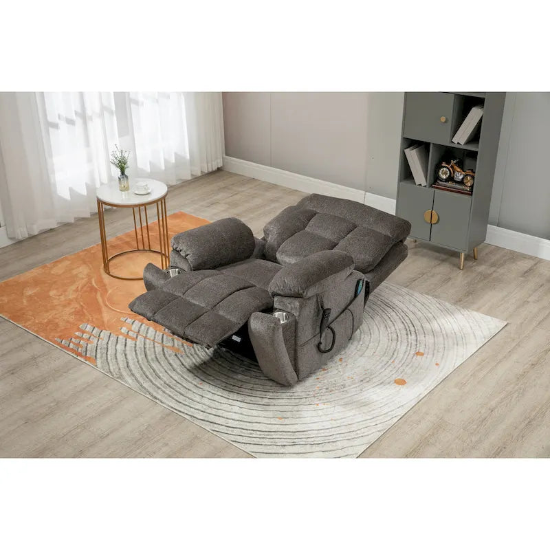 Fauteuil inclinable releveur gris chenille, massage, porte-gobelet escamotable