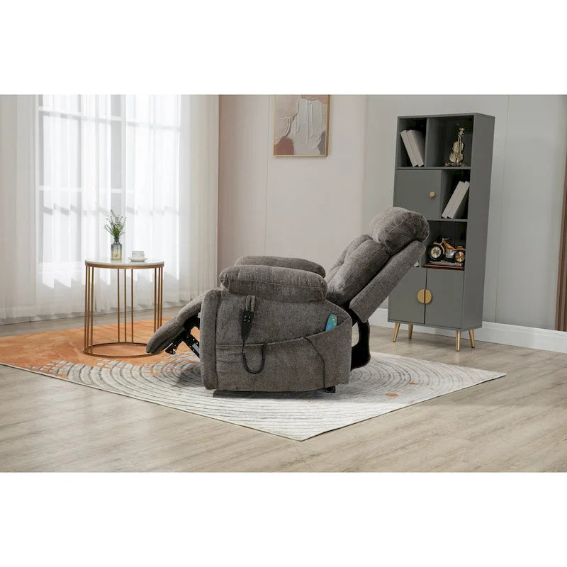 Fauteuil inclinable releveur gris chenille, massage, porte-gobelet escamotable