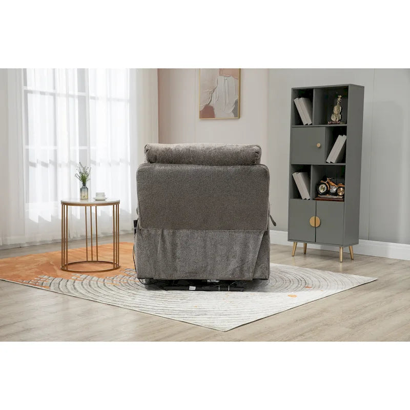 Fauteuil inclinable releveur gris chenille, massage, porte-gobelet escamotable