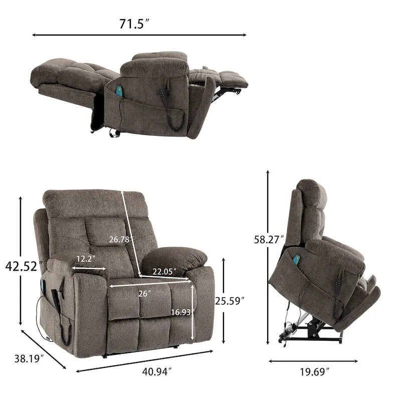 Fauteuil inclinable releveur gris chenille, massage, porte-gobelet escamotable
