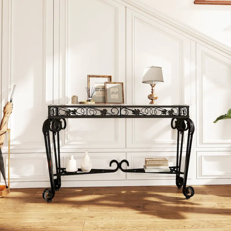 Console moderne en verre et métal pour entrée avec rangement et montage facile