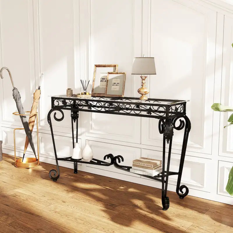 Console moderne en verre et métal pour entrée avec rangement et montage facile