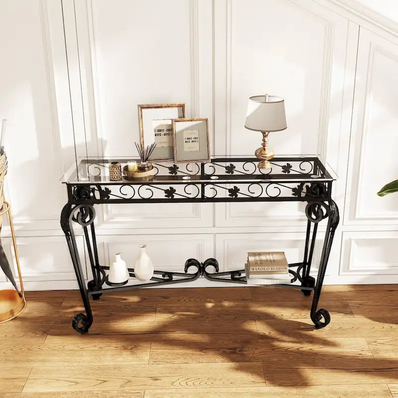Console moderne en verre et métal pour entrée avec rangement et montage facile