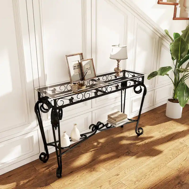 Console moderne en verre et métal pour entrée avec rangement et montage facile