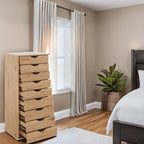 Étroite commode en bois à 9 tiroirs coulissants et étagère de rangement supérieure