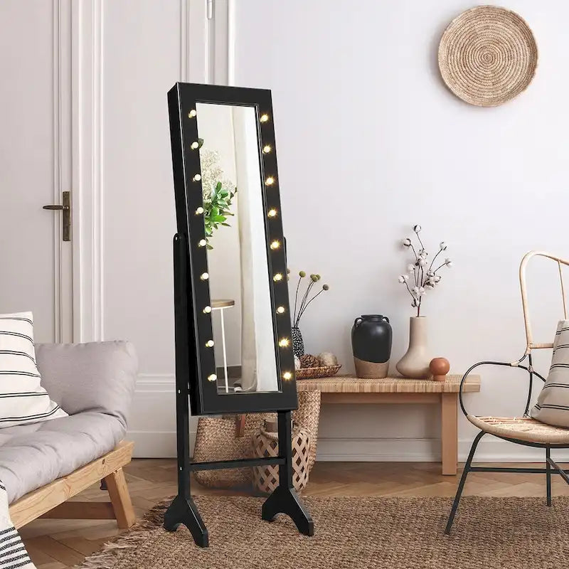 Armoire à bijoux avec miroir et 18 lumières LED, noire