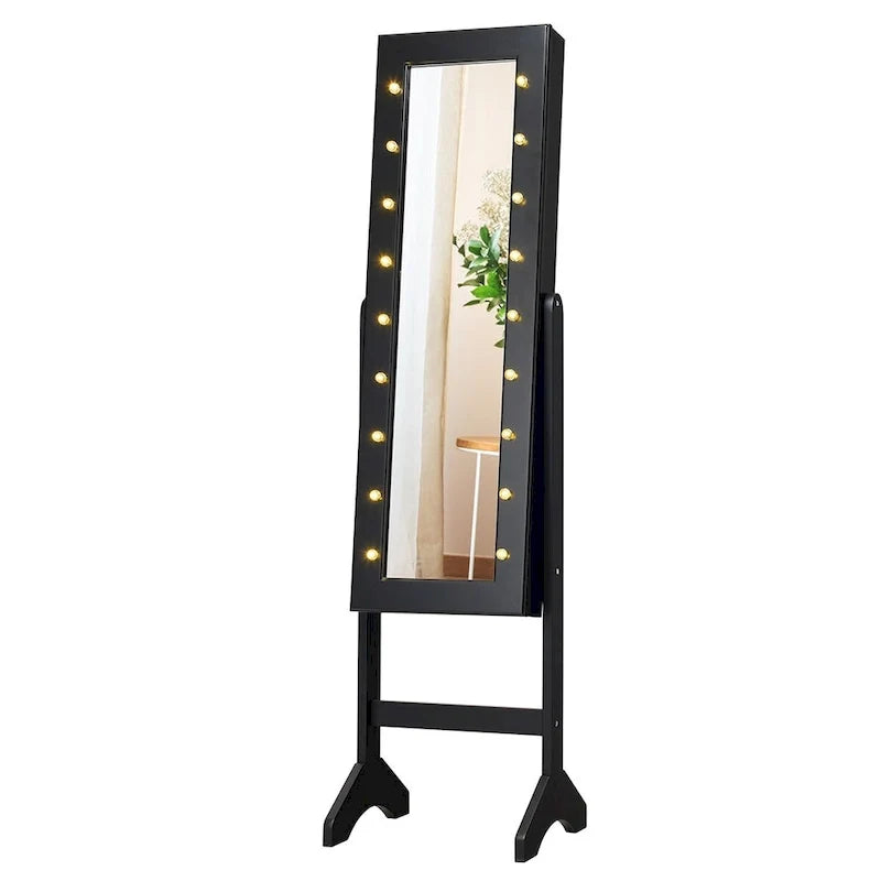 Armoire à bijoux avec miroir et 18 lumières LED, noire
