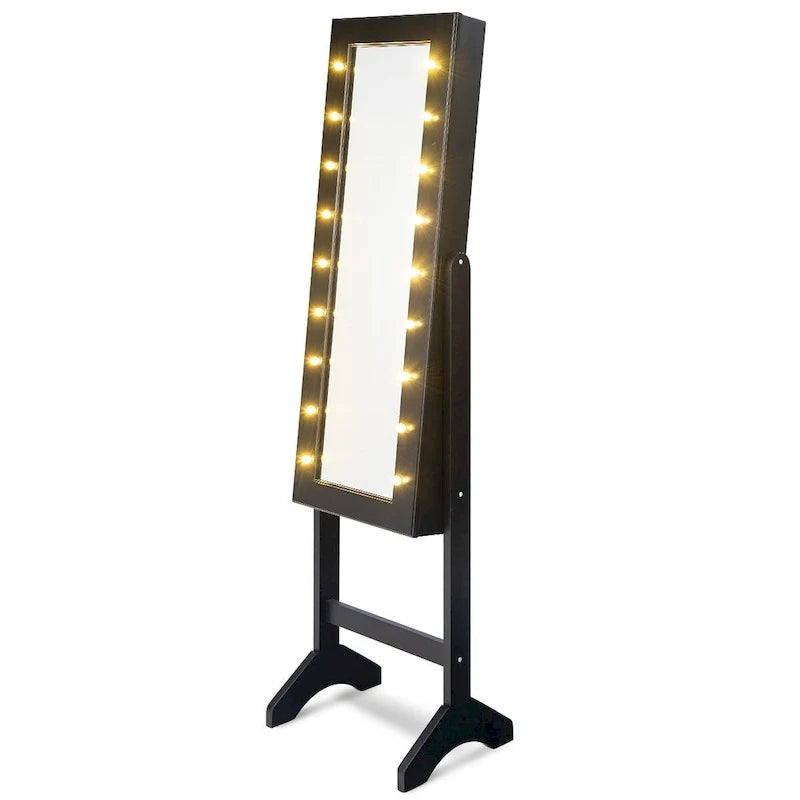 Armoire à bijoux avec miroir et 18 lumières LED, noire