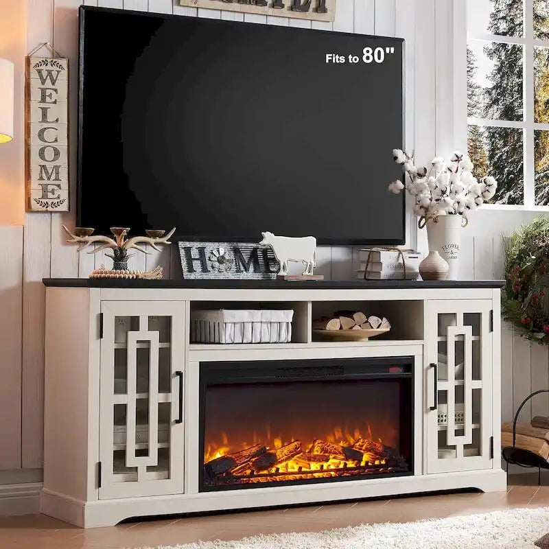 Farmhouse Fireplace TV Stand for 80 Inch TV, Entertainment Center