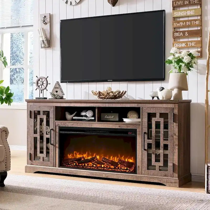 Farmhouse Fireplace TV Stand for 80 Inch TV, Entertainment Center