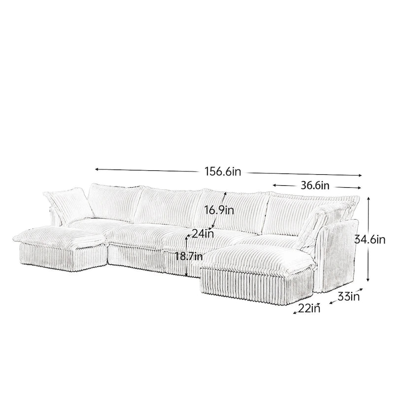 156.6 Canapé d'angle 4 places en velours côtelé en forme de U avec housse amovible, assise profonde et passepoil français