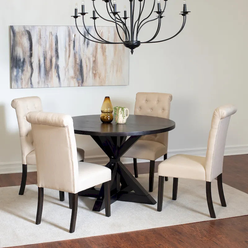5 Piece Round Dining Table Set, Dining Room Furniture Set with Cross-Buck Dining Table and 4 Upholstered Chairs