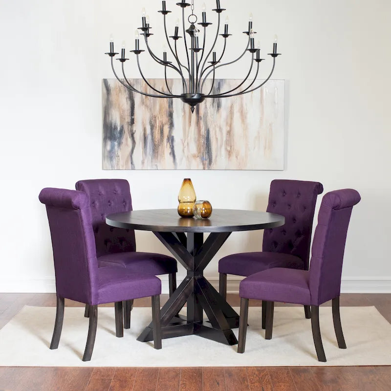 5 Piece Round Dining Table Set, Dining Room Furniture Set with Cross-Buck Dining Table and 4 Upholstered Chairs