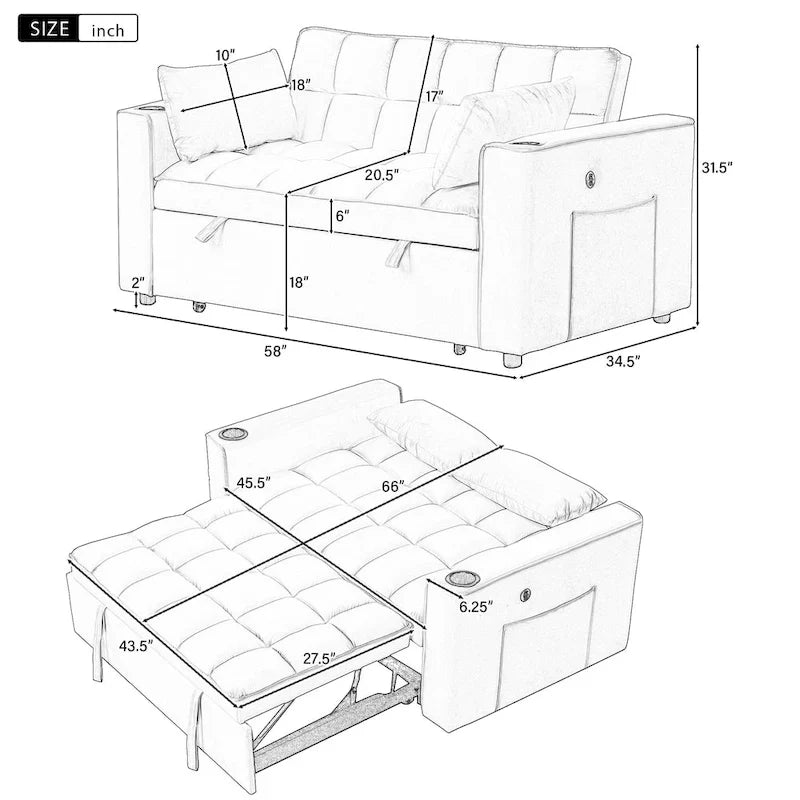 Canapé-lit multifonctionnel Roomfitters 58 4-en-1 avec porte-gobelet et port USB pour salon ou appartements