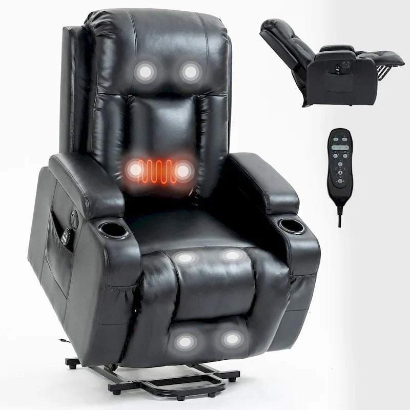 Fauteuil inclinable électrique lève-personne à position infinie avec massage et chaleur, deux ports USB, porte-gobelets, poches latérales, idéal pour les personnes âgées