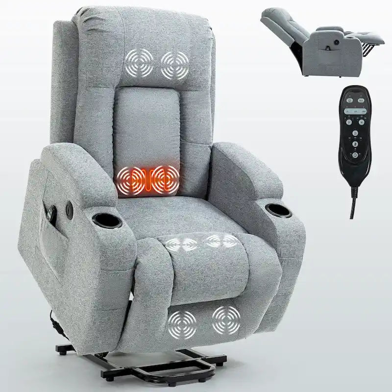 Fauteuil inclinable électrique lève-personne à position infinie avec massage et chaleur, deux ports USB, porte-gobelets, poches latérales, idéal pour les personnes âgées