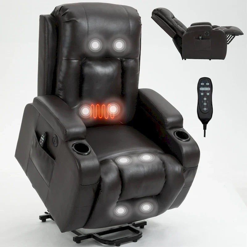 Fauteuil inclinable électrique lève-personne à position infinie avec massage et chaleur, deux ports USB, porte-gobelets, poches latérales, idéal pour les personnes âgées