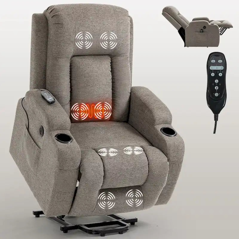 Fauteuil inclinable électrique lève-personne à position infinie avec massage et chaleur, deux ports USB, porte-gobelets, poches latérales, idéal pour les personnes âgées