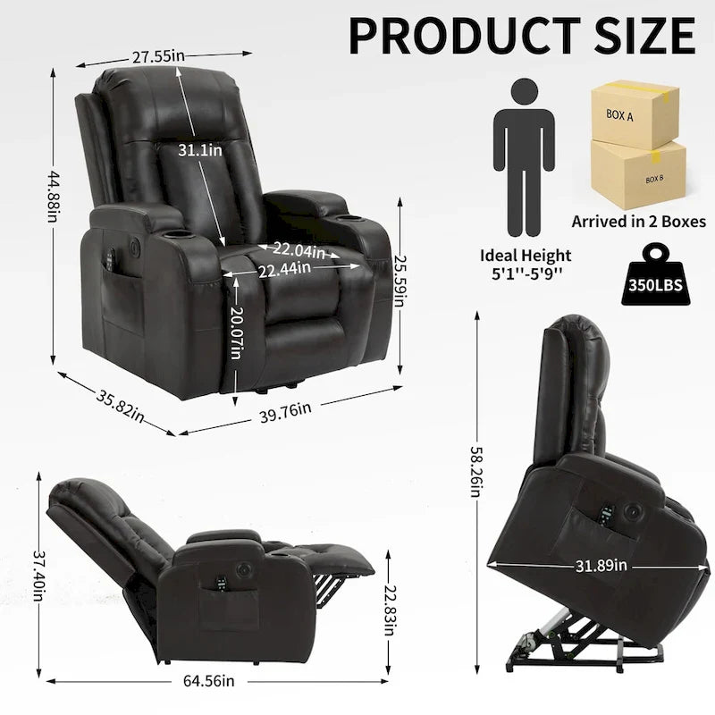 Fauteuil inclinable électrique lève-personne à position infinie avec massage et chaleur, deux ports USB, porte-gobelets, poches latérales, idéal pour les personnes âgées