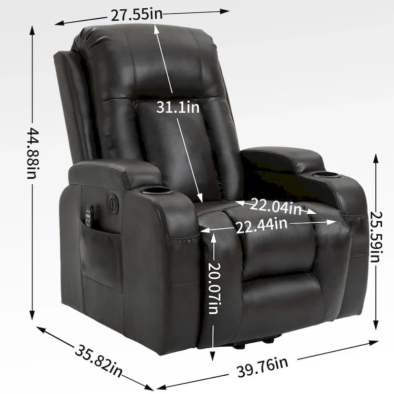Fauteuil inclinable électrique lève-personne à position infinie avec massage et chaleur, deux ports USB, porte-gobelets, poches latérales, idéal pour les personnes âgées