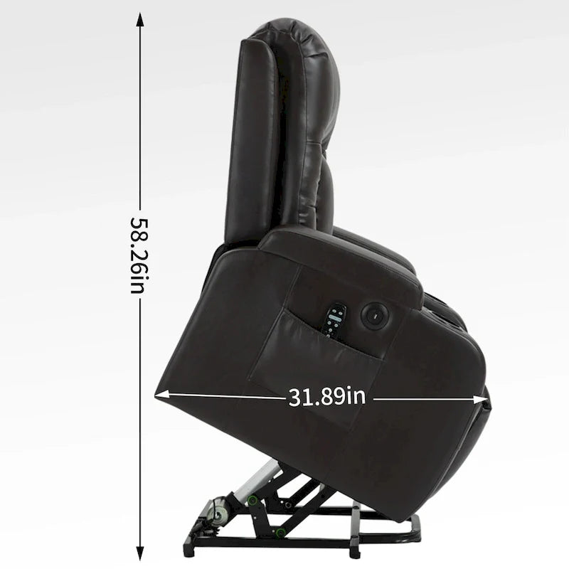 Fauteuil inclinable électrique lève-personne à position infinie avec massage et chaleur, deux ports USB, porte-gobelets, poches latérales, idéal pour les personnes âgées