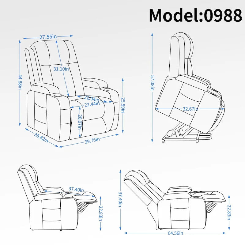 Fauteuil inclinable électrique lève-personne à position infinie avec massage et chaleur, deux ports USB, porte-gobelets, poches latérales, idéal pour les personnes âgées