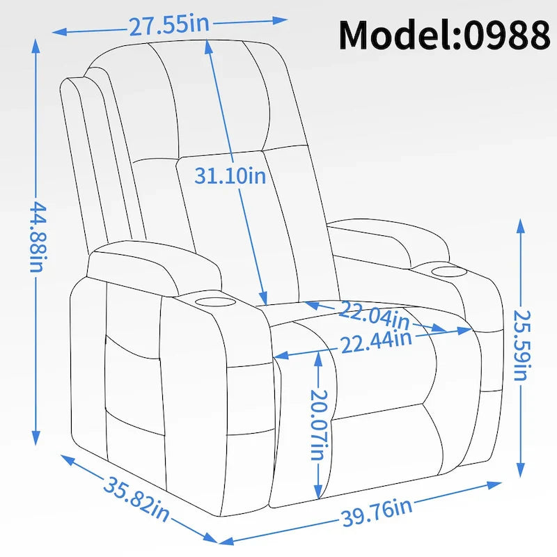 Fauteuil inclinable électrique lève-personne à position infinie avec massage et chaleur, deux ports USB, porte-gobelets, poches latérales, idéal pour les personnes âgées
