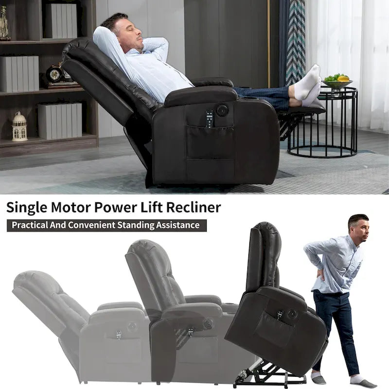 Fauteuil inclinable électrique lève-personne à position infinie avec massage et chaleur, deux ports USB, porte-gobelets, poches latérales, idéal pour les personnes âgées