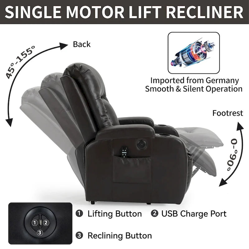 Fauteuil inclinable électrique lève-personne à position infinie avec massage et chaleur, deux ports USB, porte-gobelets, poches latérales, idéal pour les personnes âgées