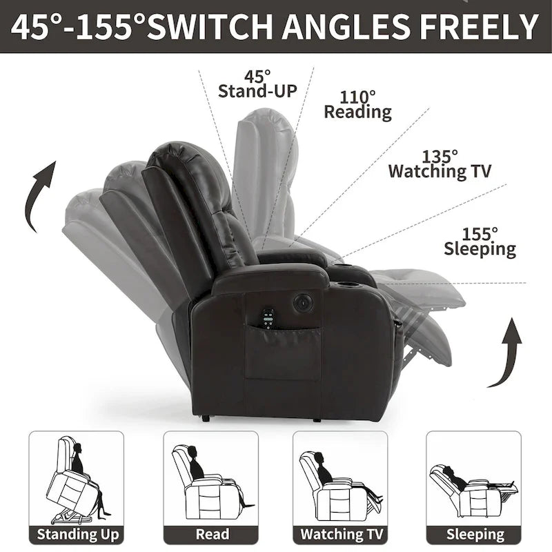 Fauteuil inclinable électrique lève-personne à position infinie avec massage et chaleur, deux ports USB, porte-gobelets, poches latérales, idéal pour les personnes âgées