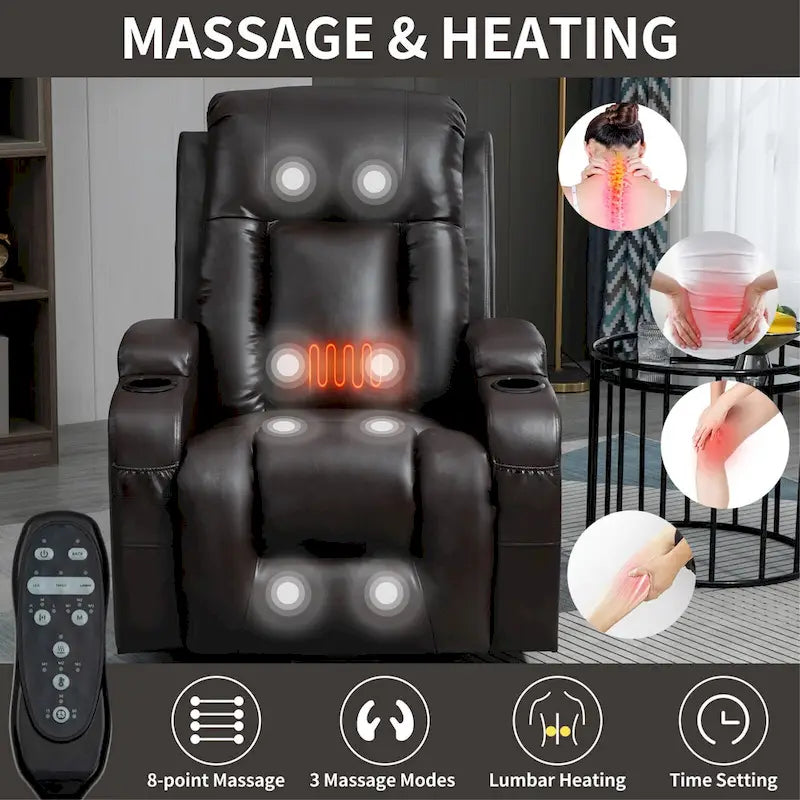 Fauteuil inclinable électrique lève-personne à position infinie avec massage et chaleur, deux ports USB, porte-gobelets, poches latérales, idéal pour les personnes âgées