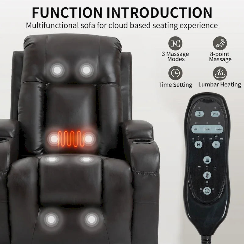 Fauteuil inclinable électrique lève-personne à position infinie avec massage et chaleur, deux ports USB, porte-gobelets, poches latérales, idéal pour les personnes âgées
