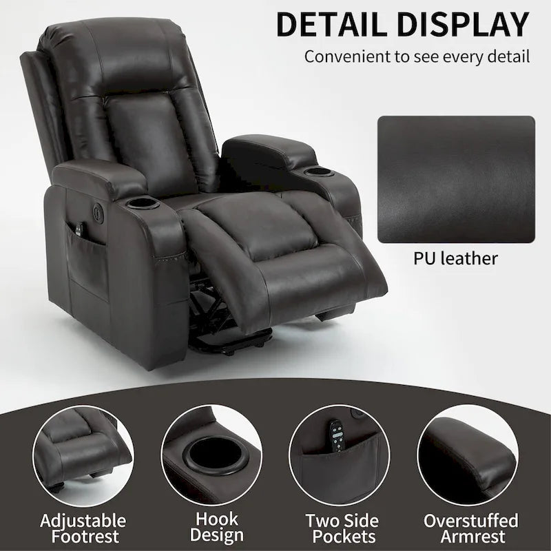 Fauteuil inclinable électrique lève-personne à position infinie avec massage et chaleur, deux ports USB, porte-gobelets, poches latérales, idéal pour les personnes âgées