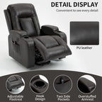 Fauteuil inclinable électrique lève-personne à position infinie avec massage et chaleur, deux ports USB, porte-gobelets, poches latérales, idéal pour les personnes âgées