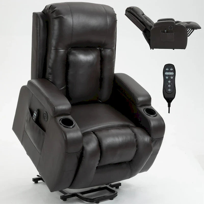 Fauteuil inclinable électrique lève-personne à position infinie avec massage et chaleur, deux ports USB, porte-gobelets, poches latérales, idéal pour les personnes âgées