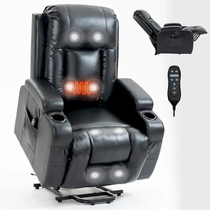 Fauteuil inclinable électrique lève-personne à position infinie avec massage et chaleur, deux ports USB, porte-gobelets, poches latérales, idéal pour les personnes âgées