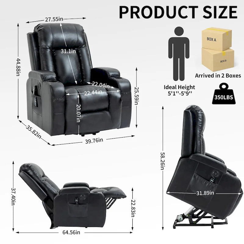 Fauteuil inclinable électrique lève-personne à position infinie avec massage et chaleur, deux ports USB, porte-gobelets, poches latérales, idéal pour les personnes âgées