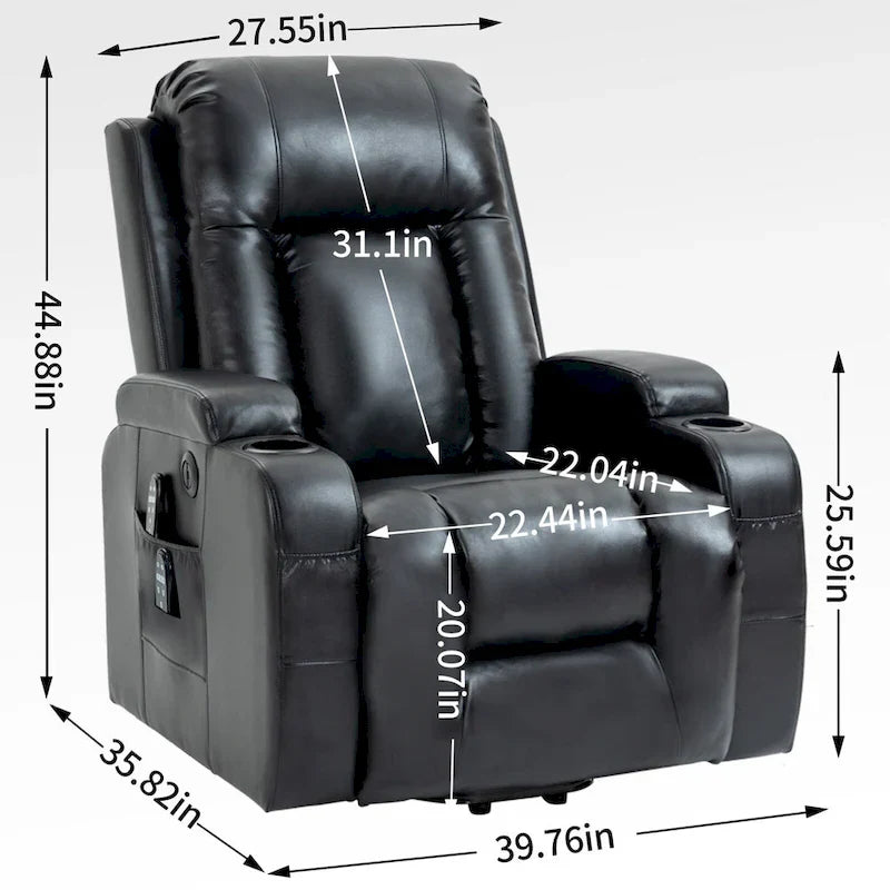 Fauteuil inclinable électrique lève-personne à position infinie avec massage et chaleur, deux ports USB, porte-gobelets, poches latérales, idéal pour les personnes âgées
