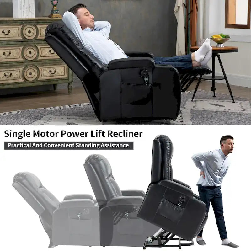 Fauteuil inclinable électrique lève-personne à position infinie avec massage et chaleur, deux ports USB, porte-gobelets, poches latérales, idéal pour les personnes âgées