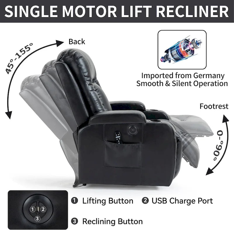 Fauteuil inclinable électrique lève-personne à position infinie avec massage et chaleur, deux ports USB, porte-gobelets, poches latérales, idéal pour les personnes âgées