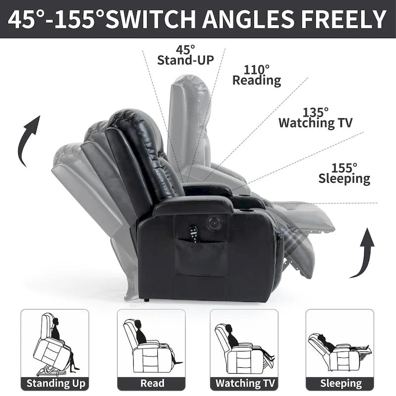 Fauteuil inclinable électrique lève-personne à position infinie avec massage et chaleur, deux ports USB, porte-gobelets, poches latérales, idéal pour les personnes âgées
