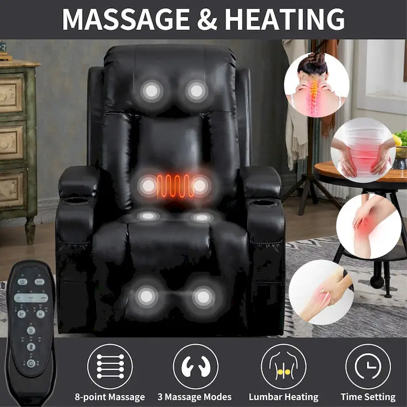 Fauteuil inclinable électrique lève-personne à position infinie avec massage et chaleur, deux ports USB, porte-gobelets, poches latérales, idéal pour les personnes âgées