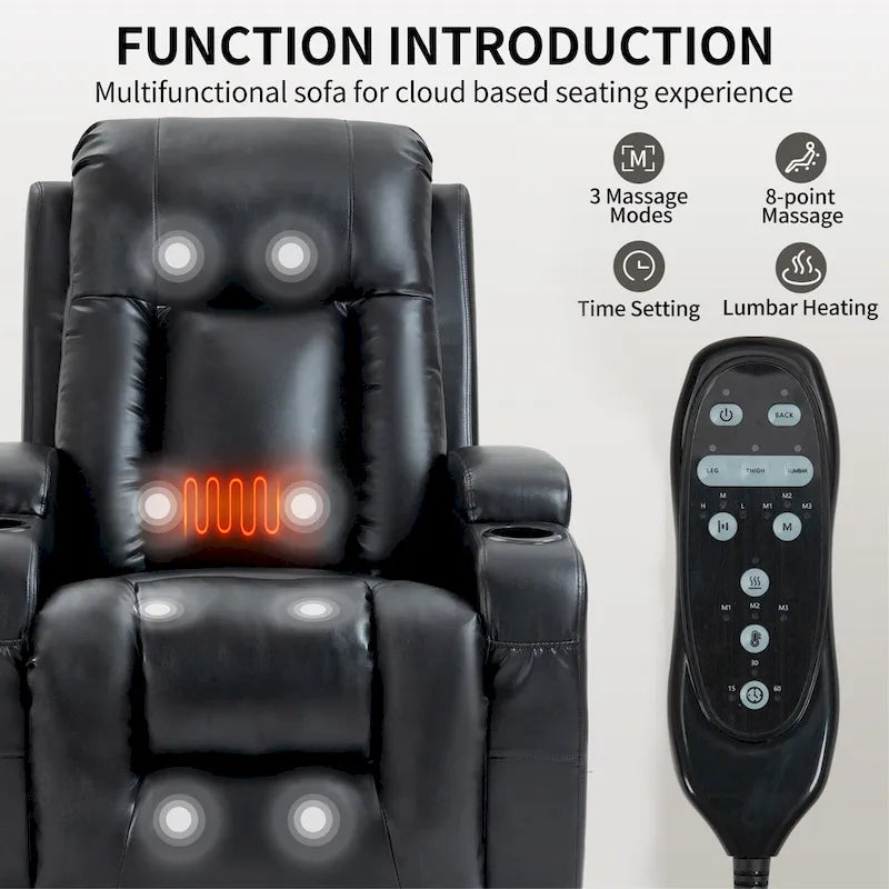 Fauteuil inclinable électrique lève-personne à position infinie avec massage et chaleur, deux ports USB, porte-gobelets, poches latérales, idéal pour les personnes âgées