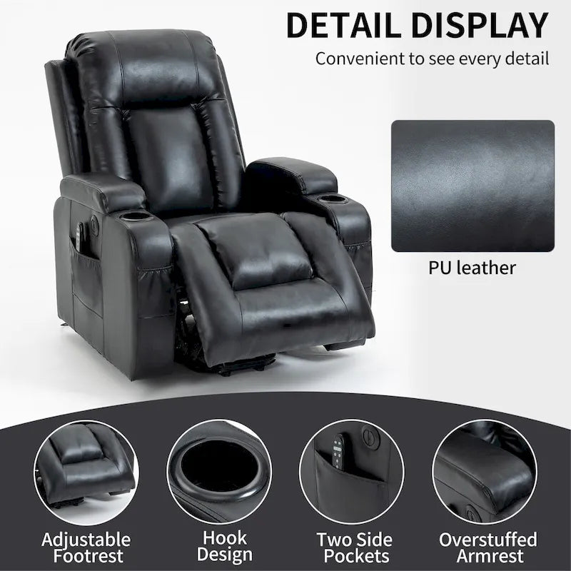 Fauteuil inclinable électrique lève-personne à position infinie avec massage et chaleur, deux ports USB, porte-gobelets, poches latérales, idéal pour les personnes âgées