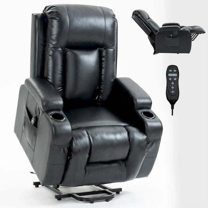 Fauteuil inclinable électrique lève-personne à position infinie avec massage et chaleur, deux ports USB, porte-gobelets, poches latérales, idéal pour les personnes âgées